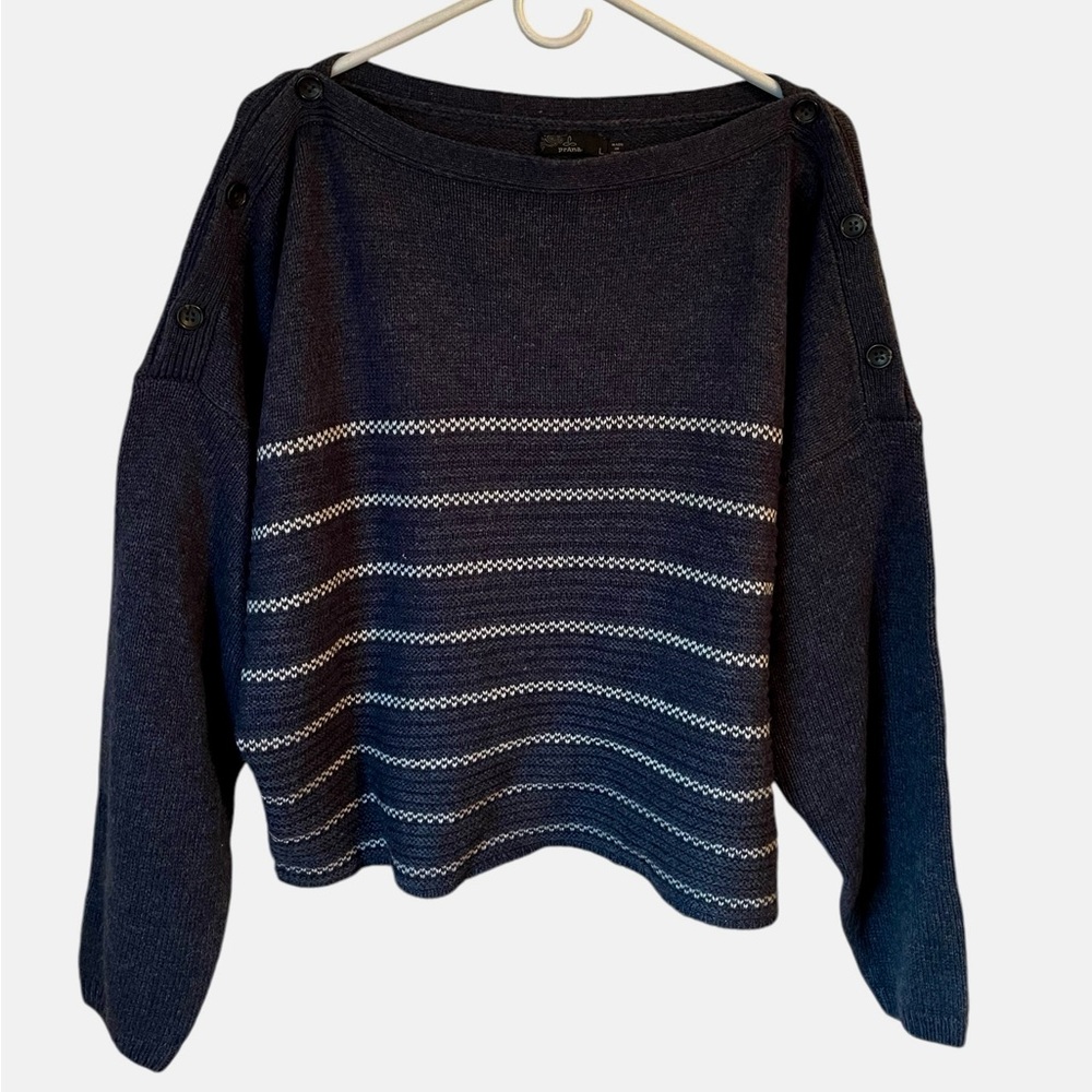 PrAna, sizeXL boatneck, gray and white striped, wool blend sweater